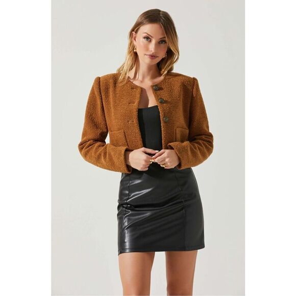 New Astr the Label Camel Wool Boucle Cropped Jacket size L - Picture 1 of 8